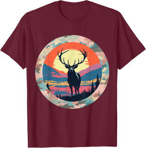Elk Silhouette Under Full Moon – Nature at Night Wildlife T-Shirt - T-Shirt | Maroon