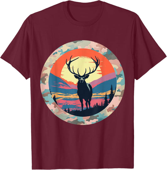 Elk Silhouette Under Full Moon – Nature at Night Wildlife T-Shirt - T-Shirt | Maroon
