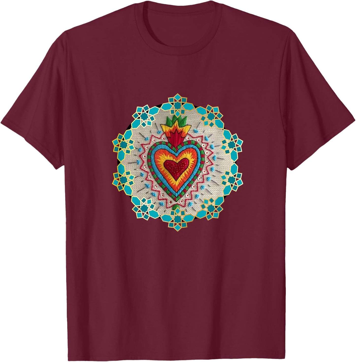Retro Sacred Heart Mexican Folk Art Tops Sagrado Corazón MX T-Shirt - T-Shirt | Maroon