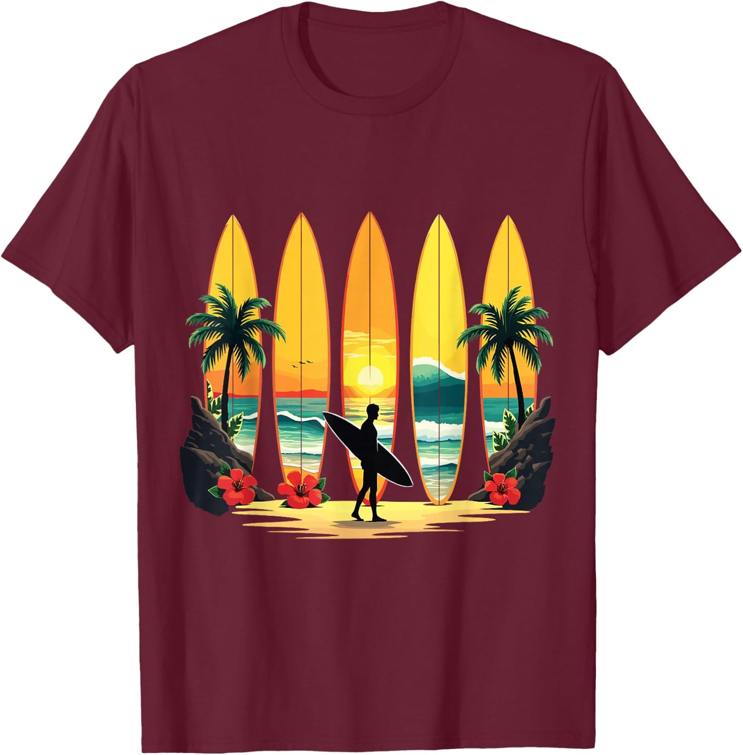 Surfer Beach Surf Hawaiian Surfboarder Funny Surf Graphic T-Shirt - T-Shirt | Maroon