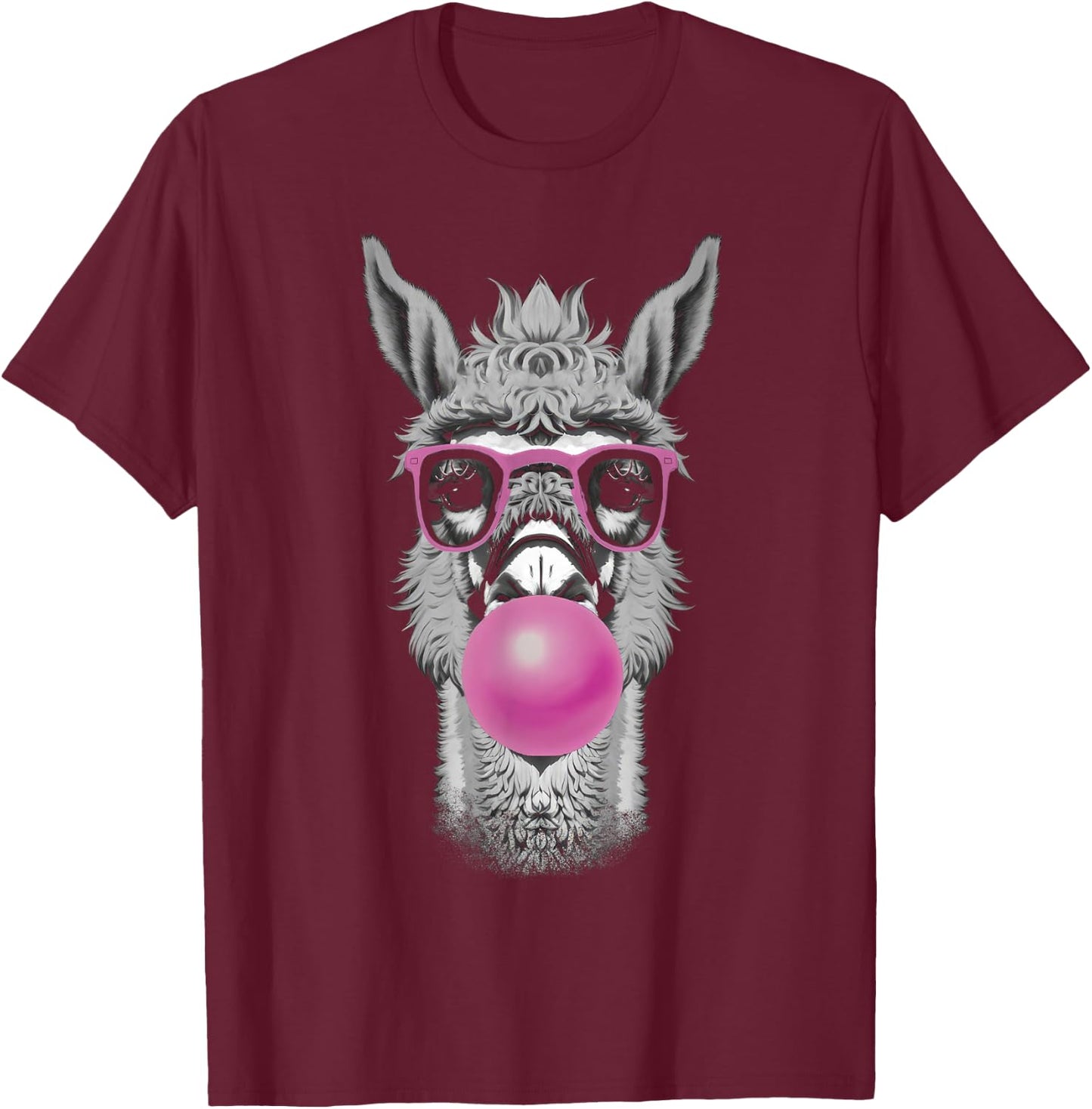 Llama Alpaca Bubble Gum Wearing Glasses T-Shirt - T-Shirt | Maroon
