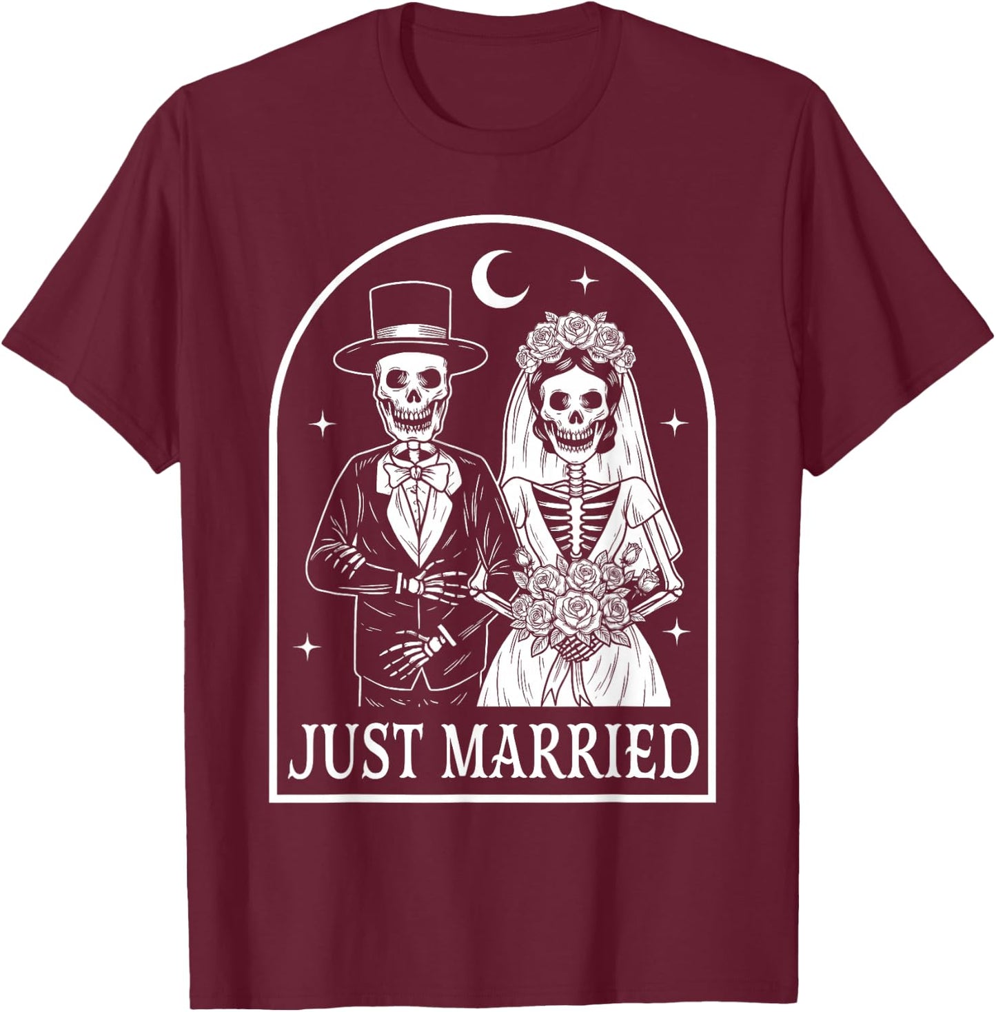 Just Married Skeleton Couples Groom Bride Gothic Halloween T-Shirt - T-Shirt | Maroon