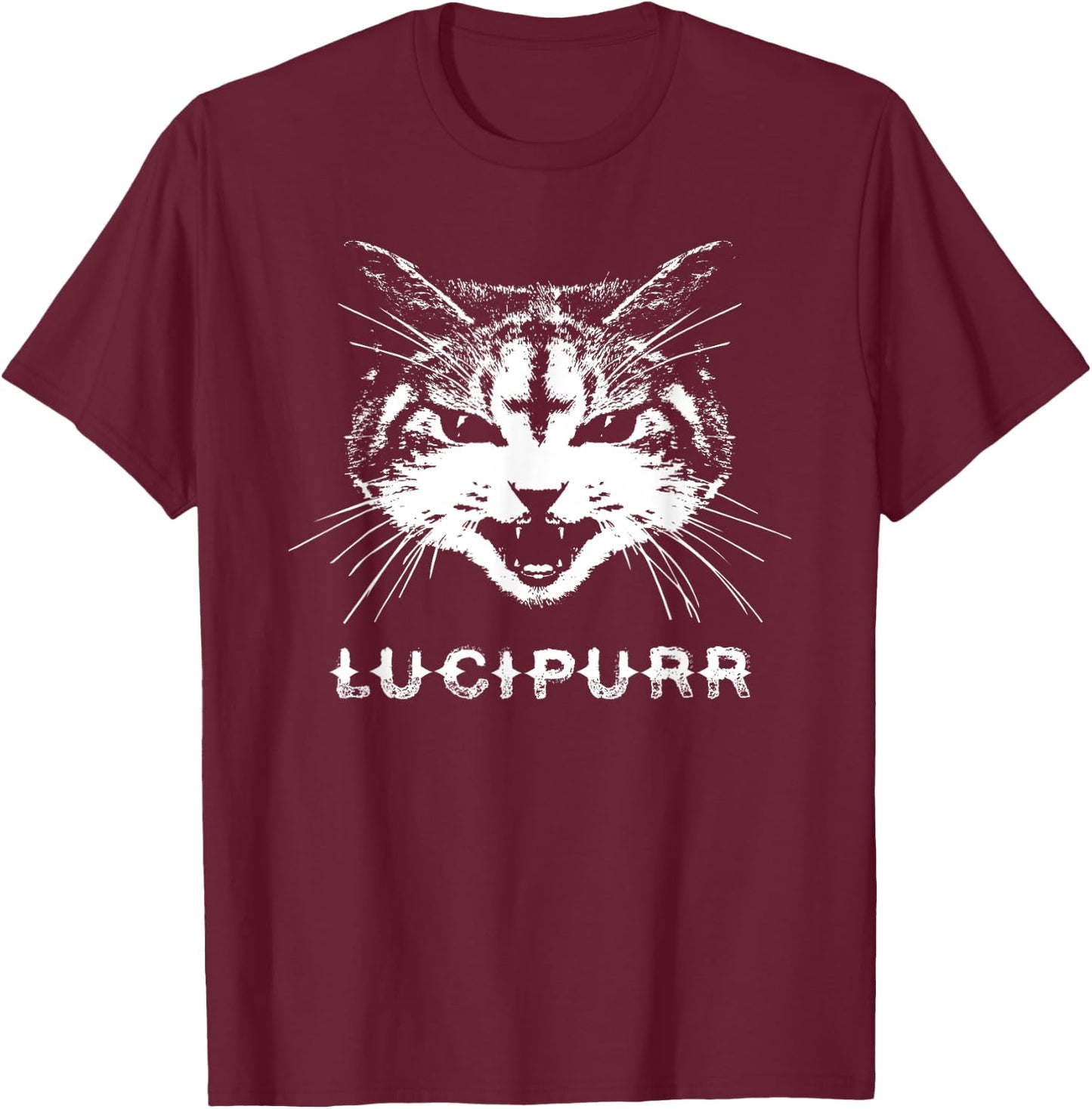 Lucipurr Satanic Lucifer Devil Cat w/ Inverted Cross T-Shirt - T-Shirt | Maroon