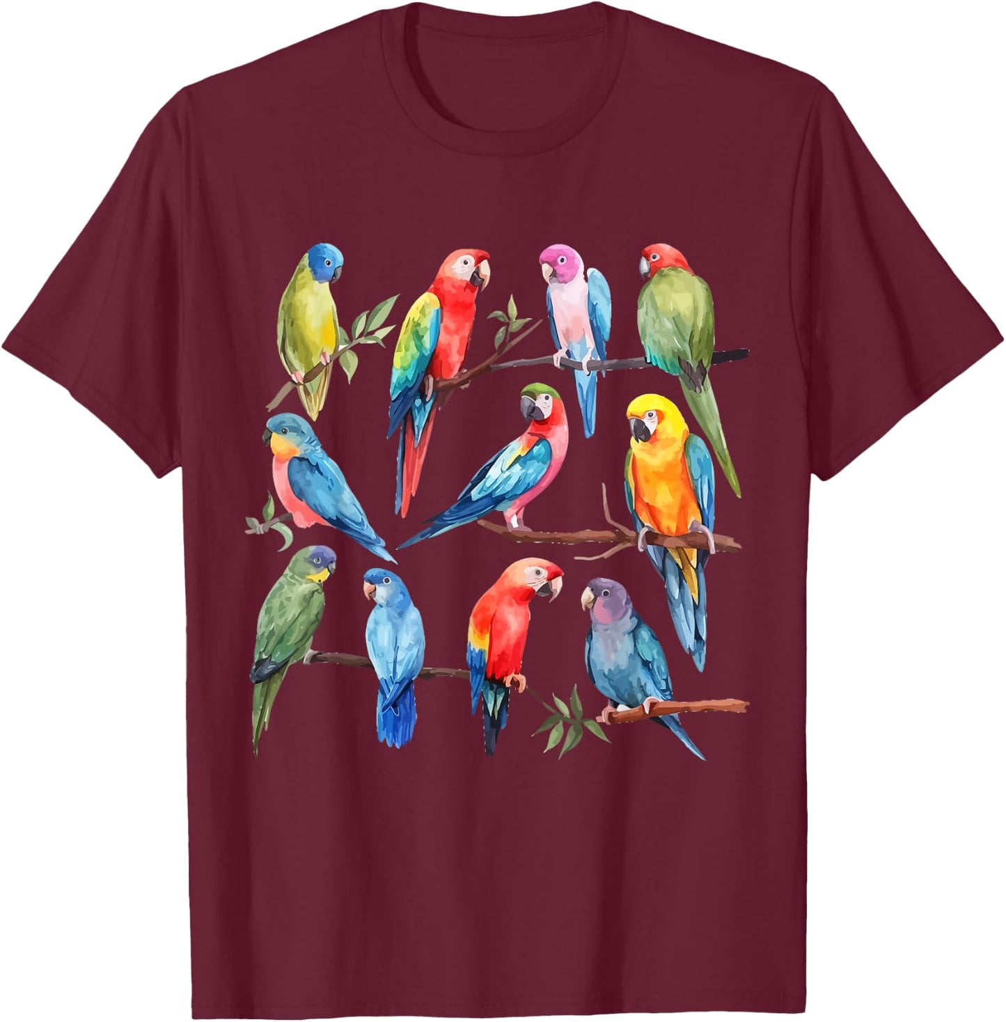Colorful Parrot Watercolor T-Shirt - T-Shirt | Maroon