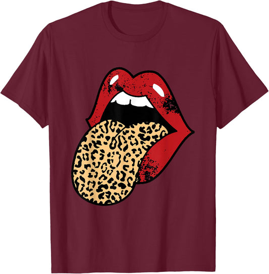 Mouth Teeth Lips With Leopard Tongue T-Shirt - T-Shirt | Maroon