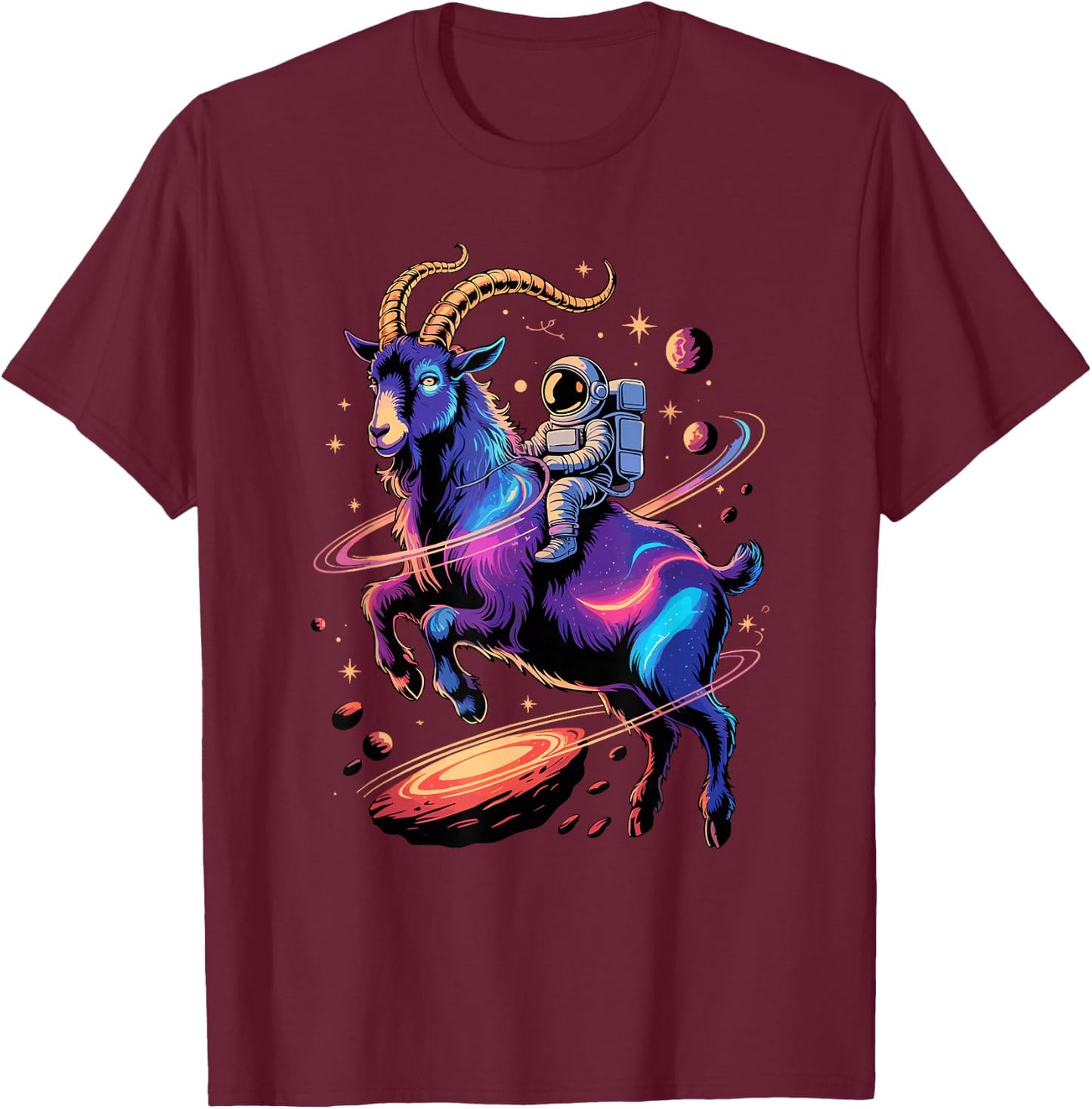 Astronaut Rides Goat Space Stars Comets Galaxy Planets T-Shirt - T-Shirt | Maroon