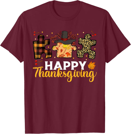Happy Thanksgiving Puzzle Shirts, Boys Kids Autism Awareness T-Shirt - T-Shirt | Maroon