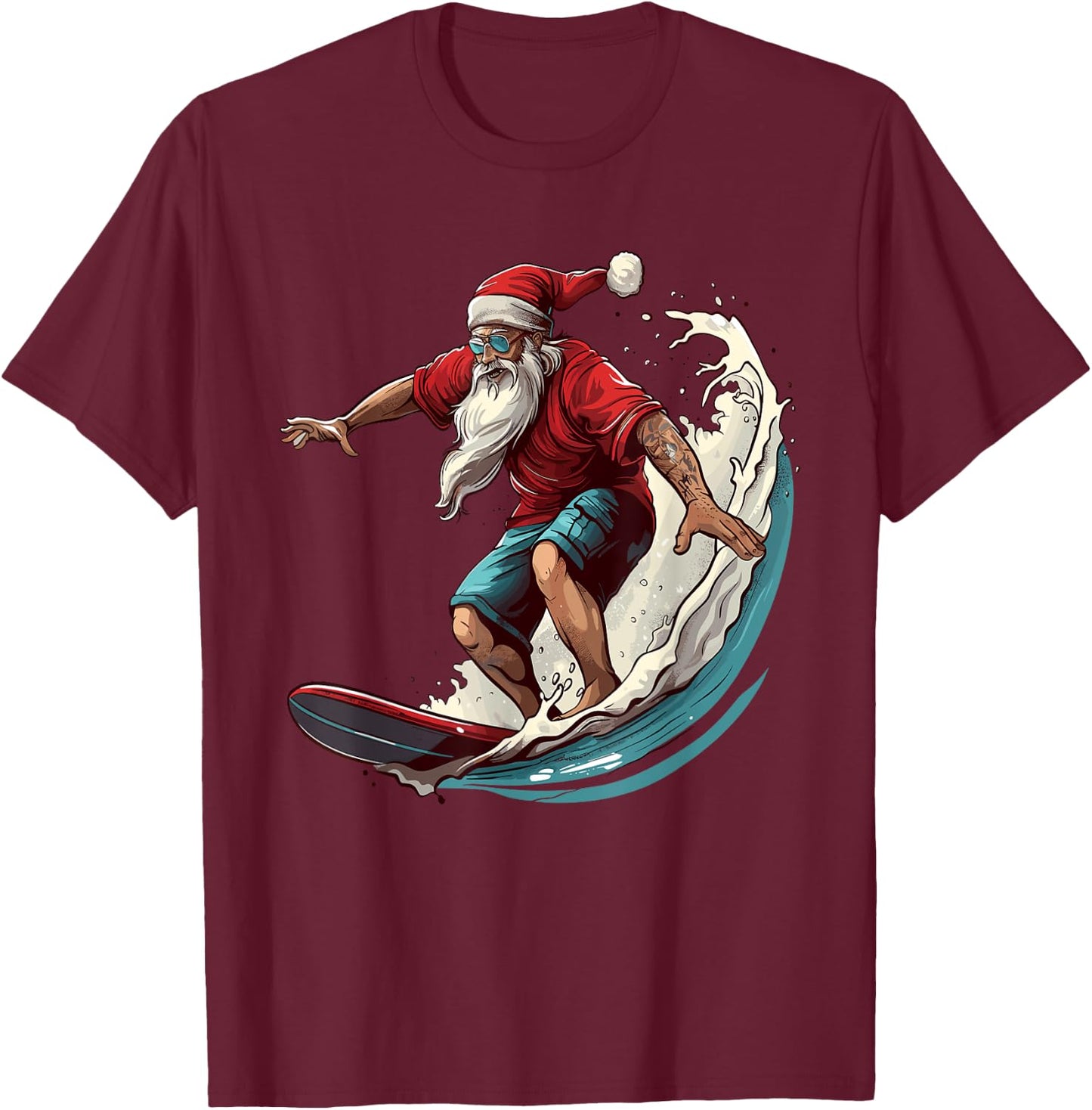 Christmas Surf Santa Claus Surfboarder Surf Lover Christmas T-Shirt - T-Shirt | Maroon