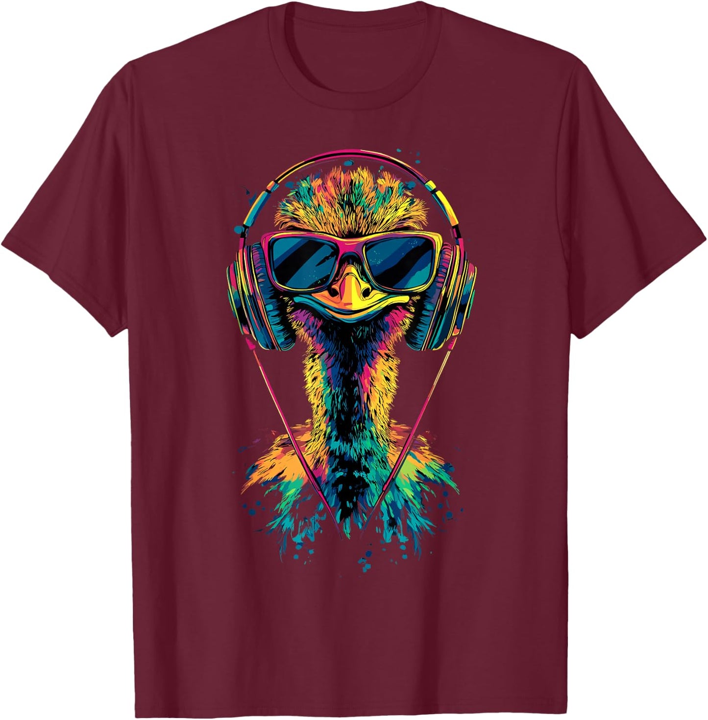 Strauss Bird Ostrich with Headphones Colourful Emu Music DJ Bouquets , black T-Shirt - T-Shirt | Maroon