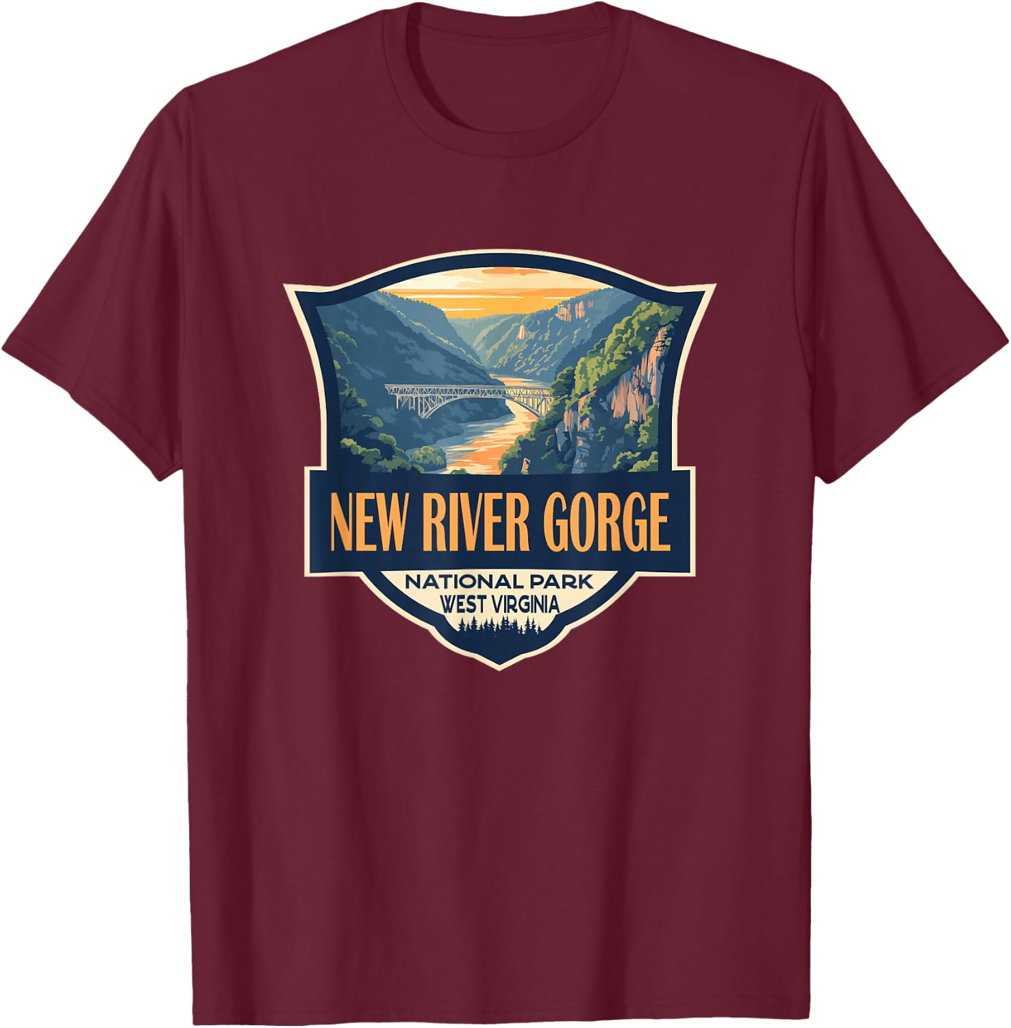New River Gorge National Park Illustration Retro Badge T-Shirt - T-Shirt | Maroon