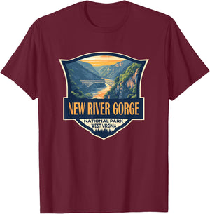 New River Gorge National Park Illustration Retro Badge T-Shirt - T-Shirt | Maroon