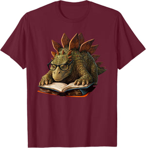 Stegosaurus Dinosaur Reading Book Nerd T-Shirt - T-Shirt | Maroon