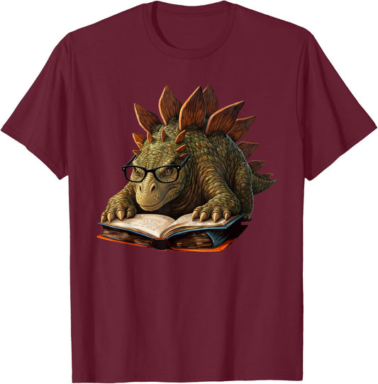 Stegosaurus Dinosaur Reading Book Nerd T-Shirt - T-Shirt | Maroon