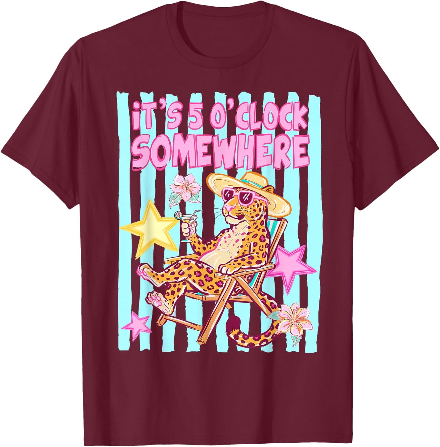 Striped It’s 5 O’Clock Somewhere Beach Vibes Leopard T-Shirt - T-Shirt | Maroon