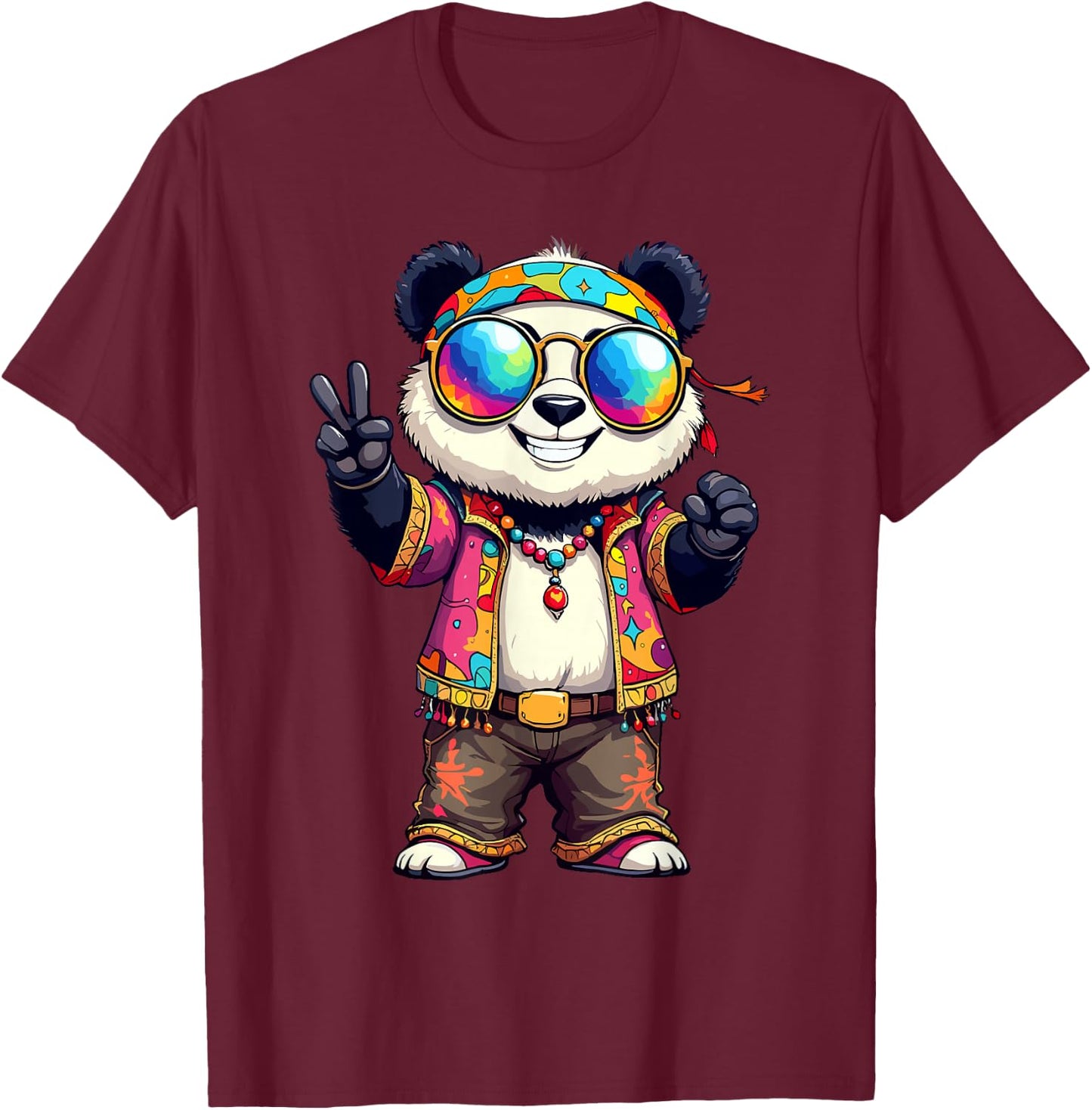 70s 60s Hippie Party Costume Groovy Panda Hippie T-Shirt - T-Shirt | Maroon