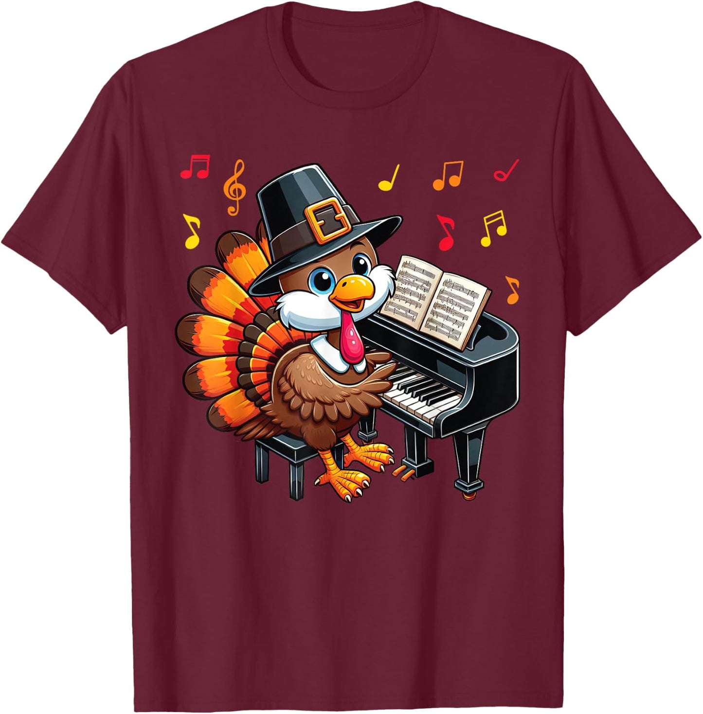 Funny Thanksgiving Turkey Playing Piano Music Lover T-Shirt - T-Shirt | Maroon