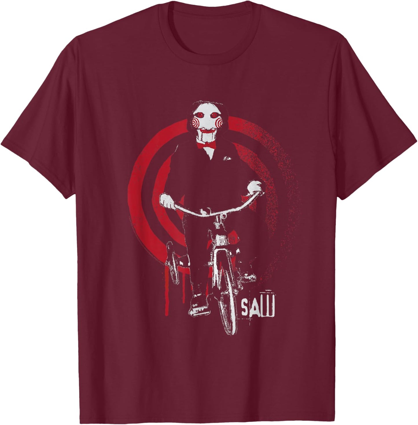 Saw Jigsaw on the Bicycle , black T-Shirt - T-Shirt | Maroon