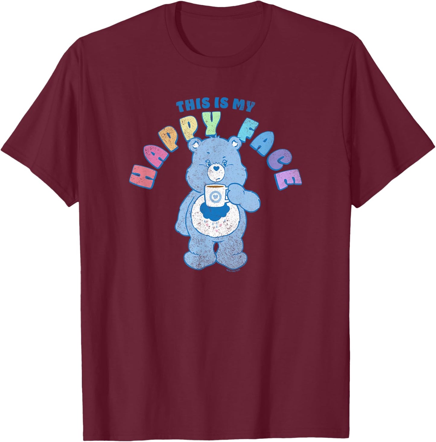Care Bears Grumpy Bear Rainbow Text This Is My Happy Face T-Shirt - T-Shirt | Maroon