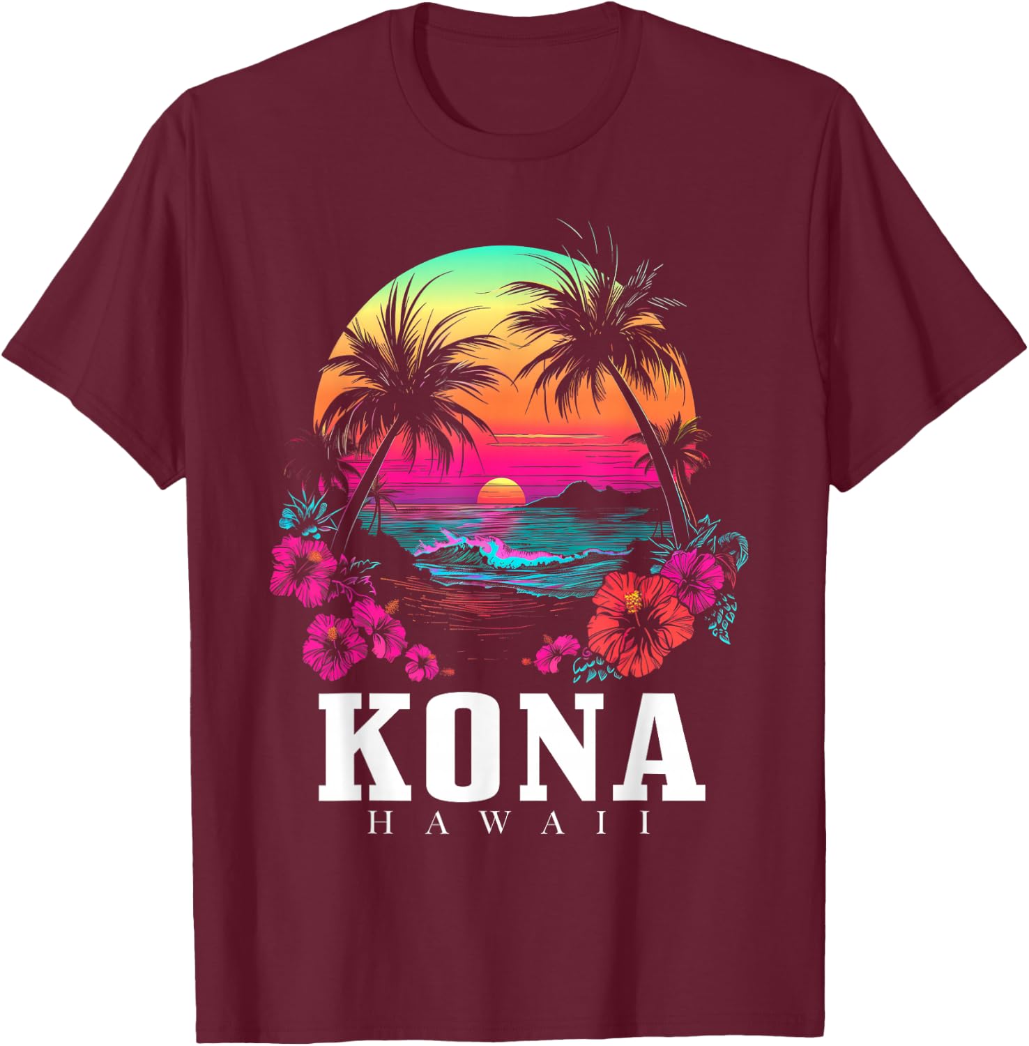Kona Hawaii Hawaiian Hibiscus Flowers Surfer Souvenir T-Shirt - T-Shirt | Maroon