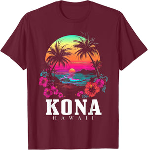 Kona Hawaii Hawaiian Hibiscus Flowers Surfer Souvenir T-Shirt - T-Shirt | Maroon