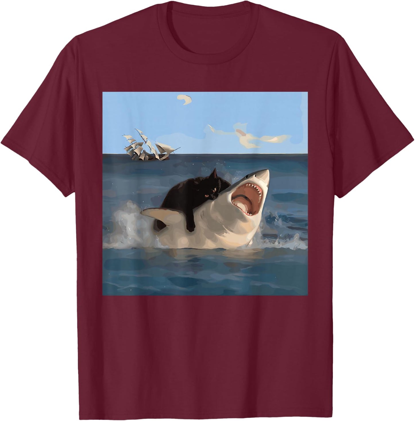 Cat Biting Shark Lustiger Kunst- und Katzenliebhaber Lustige Katze und Hai T-Shirt - T-Shirt | Maroon