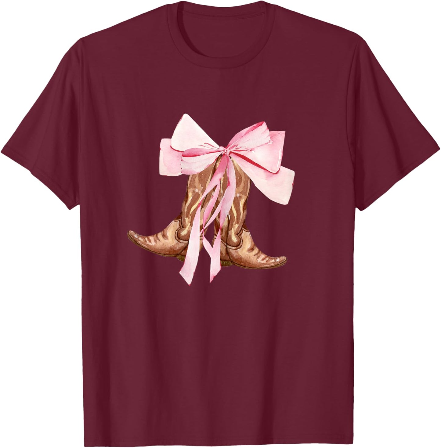 Cute Baby Pink Bow Cowgirl Boots Clean Girl Coastal Preppy T-Shirt - T-Shirt | Maroon