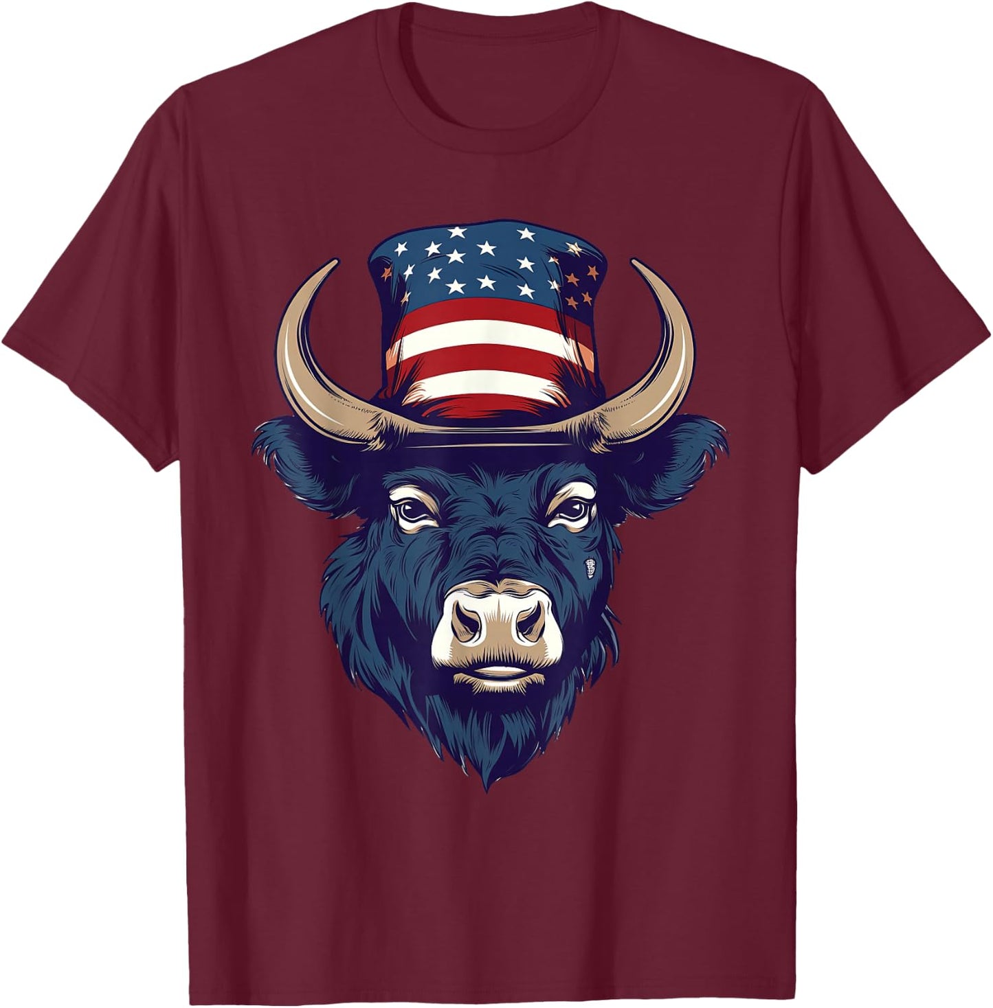 Buffalo with Patriotic USA Flag American Independence Day T-Shirt - T-Shirt | Maroon