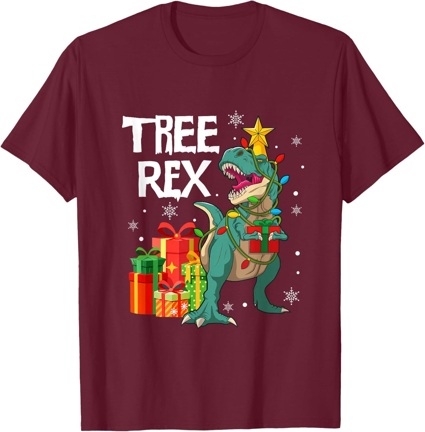 Dinosaur Christmas Tree Pajama Rex Reptile Men Xmas Lights T-Shirt - T-Shirt | Maroon