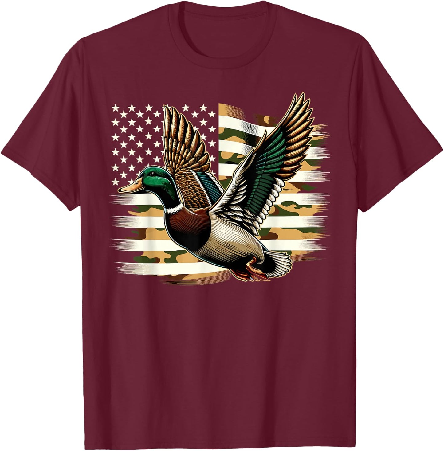 Duck Hunter Camouflage American Flag Hunting T-Shirt - T-Shirt | Maroon