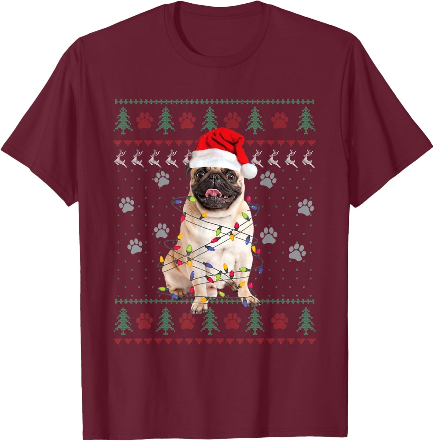 Pug Dog Ugly Christmas Sweater Santa Hat Animal Xmas Pajama T-Shirt - T-Shirt | Maroon