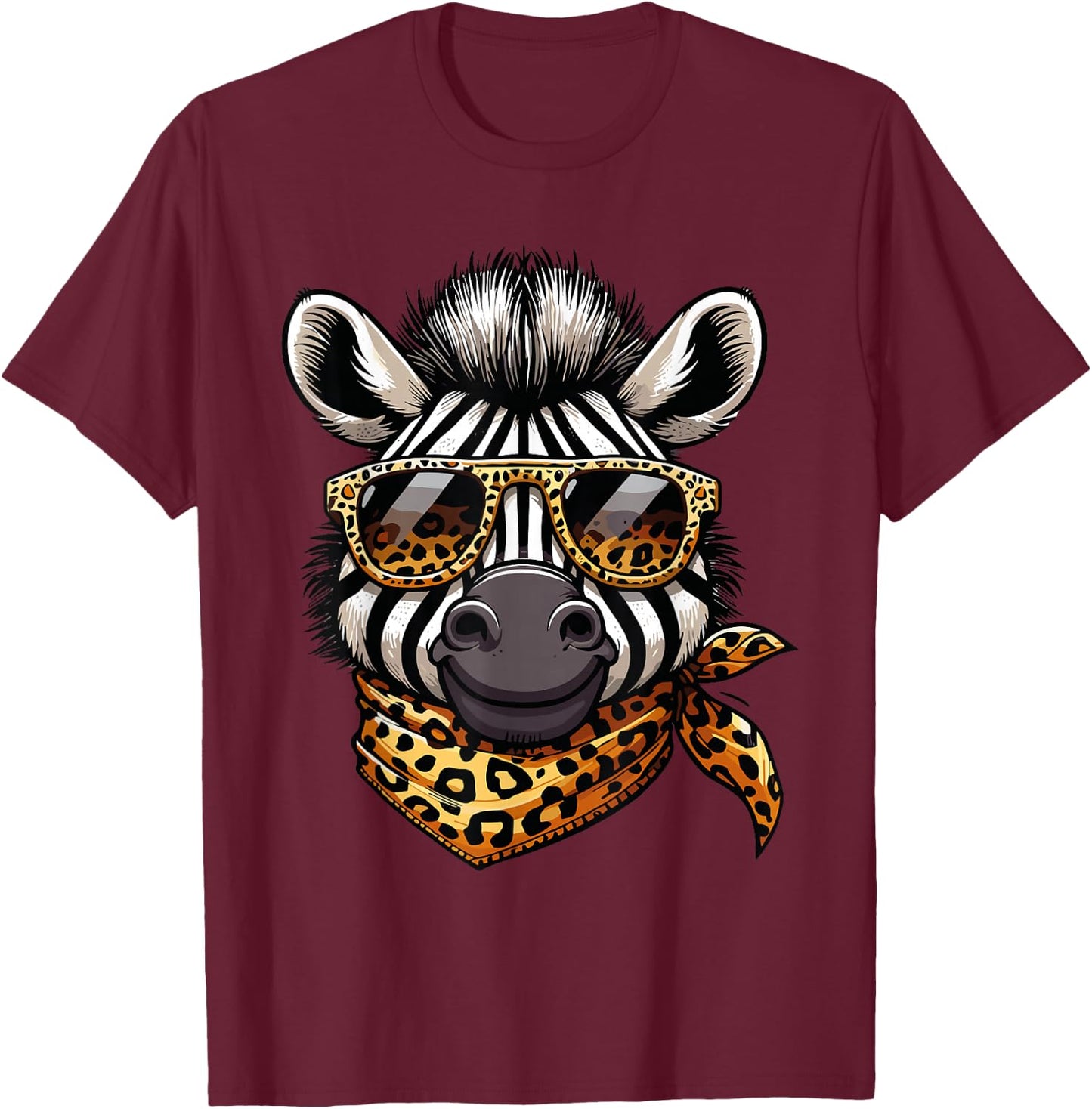 Zebra Wearing Leopard Print Scarf And Sunglasses T-Shirt - T-Shirt | Maroon