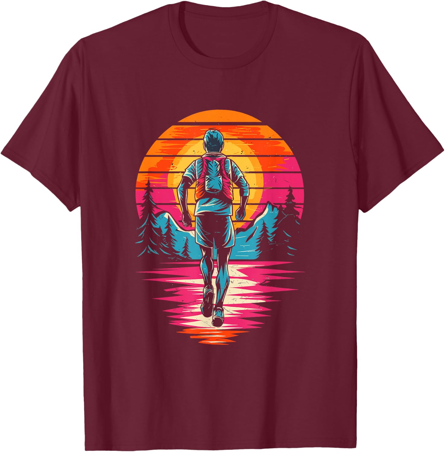 Retro Sunset Trail Running Marathon Runner Marathon , Black, S T-Shirt - T-Shirt | Maroon