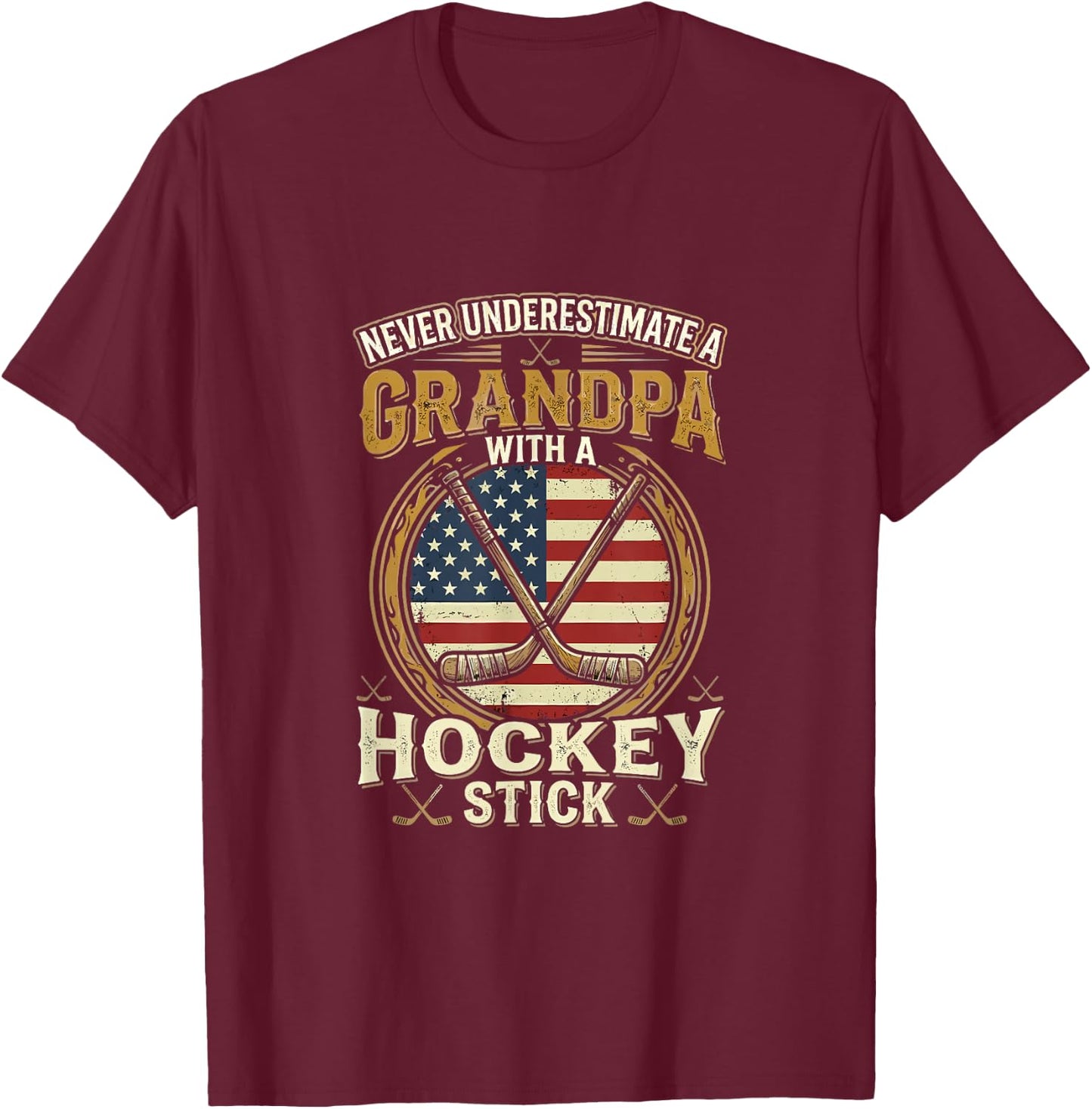 Never Underestimate a Grandpa with a Hockey Stick USA Flag T-Shirt - T-Shirt | Maroon