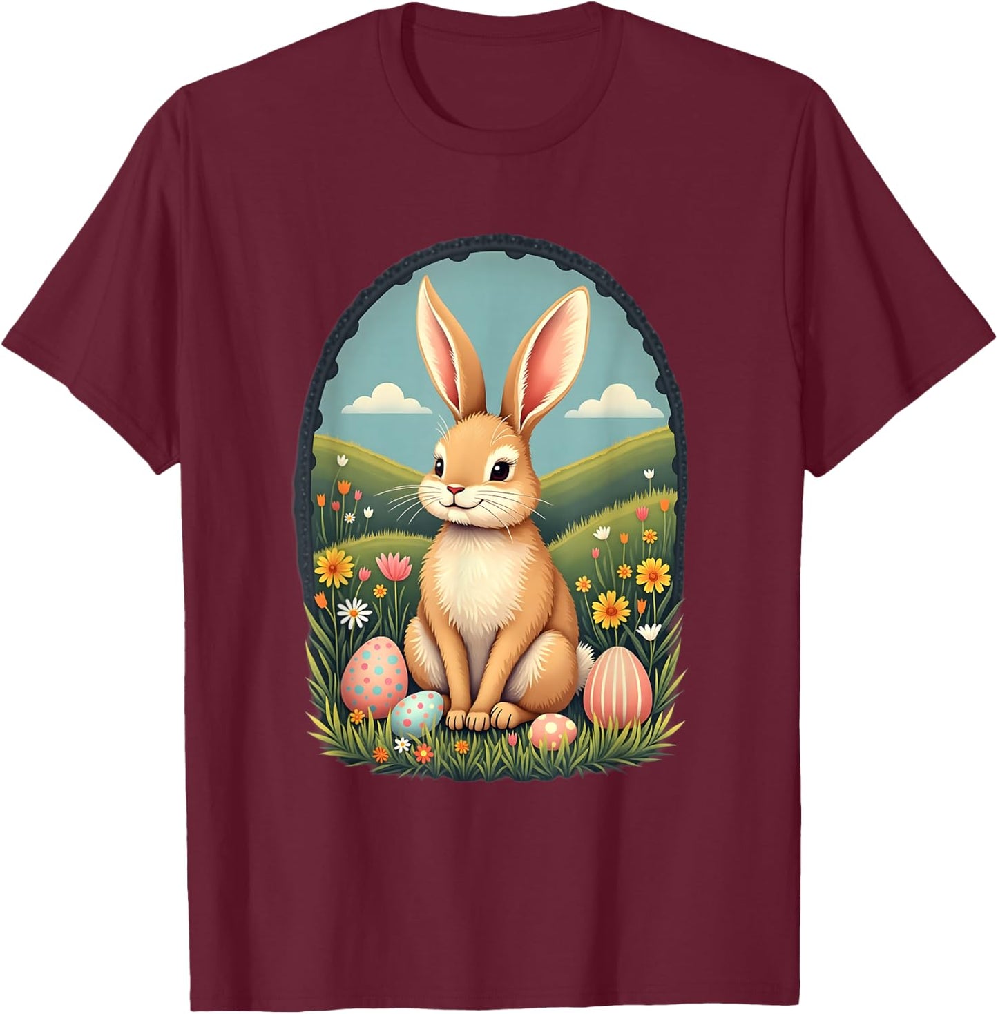 Cute and Playful Adorable Easter Bunny with Painted Eggs T-Shirt - T-Shirt | Maroon