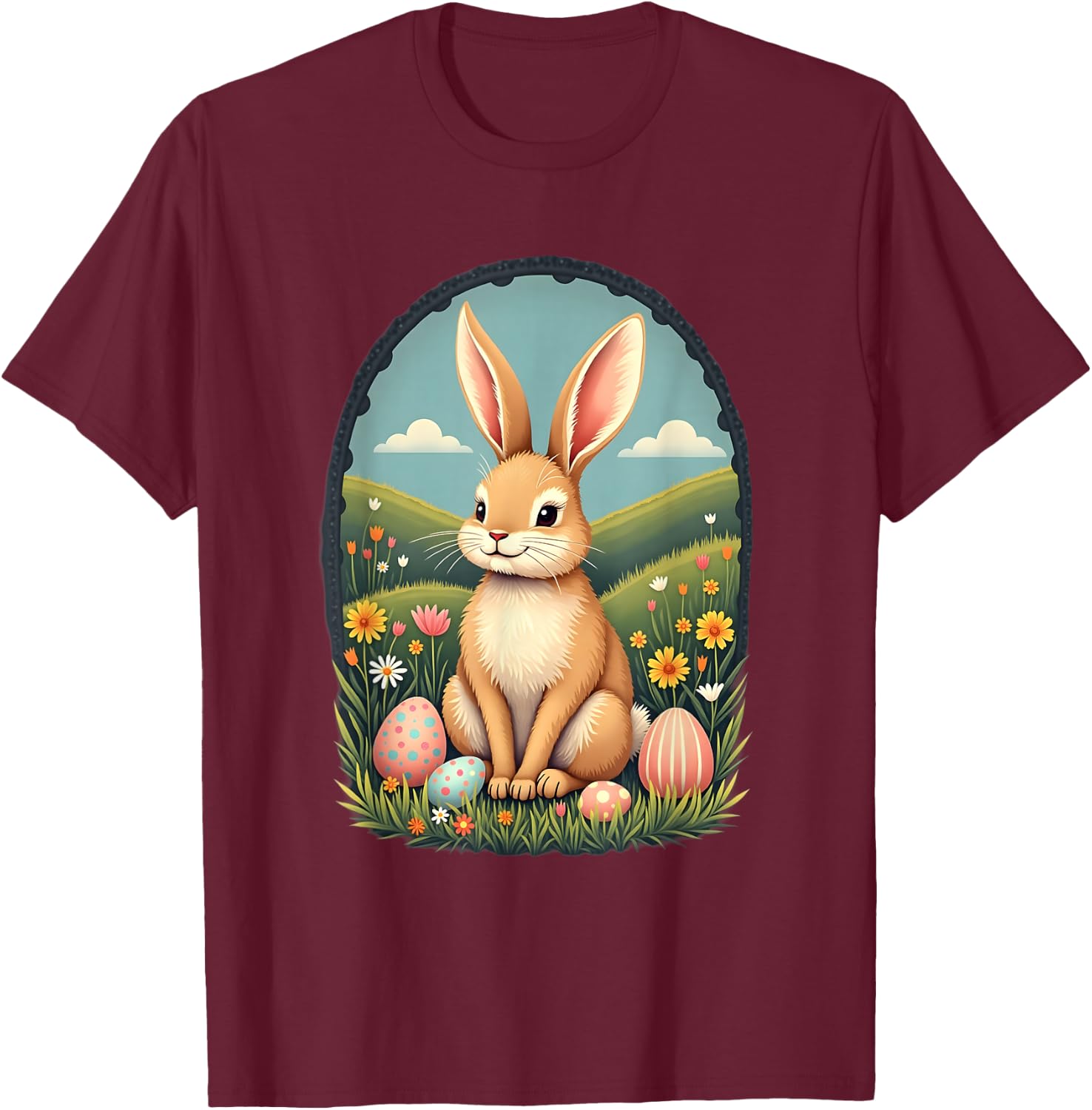 Cute and Playful Adorable Easter Bunny with Painted Eggs T-Shirt - T-Shirt | Maroon