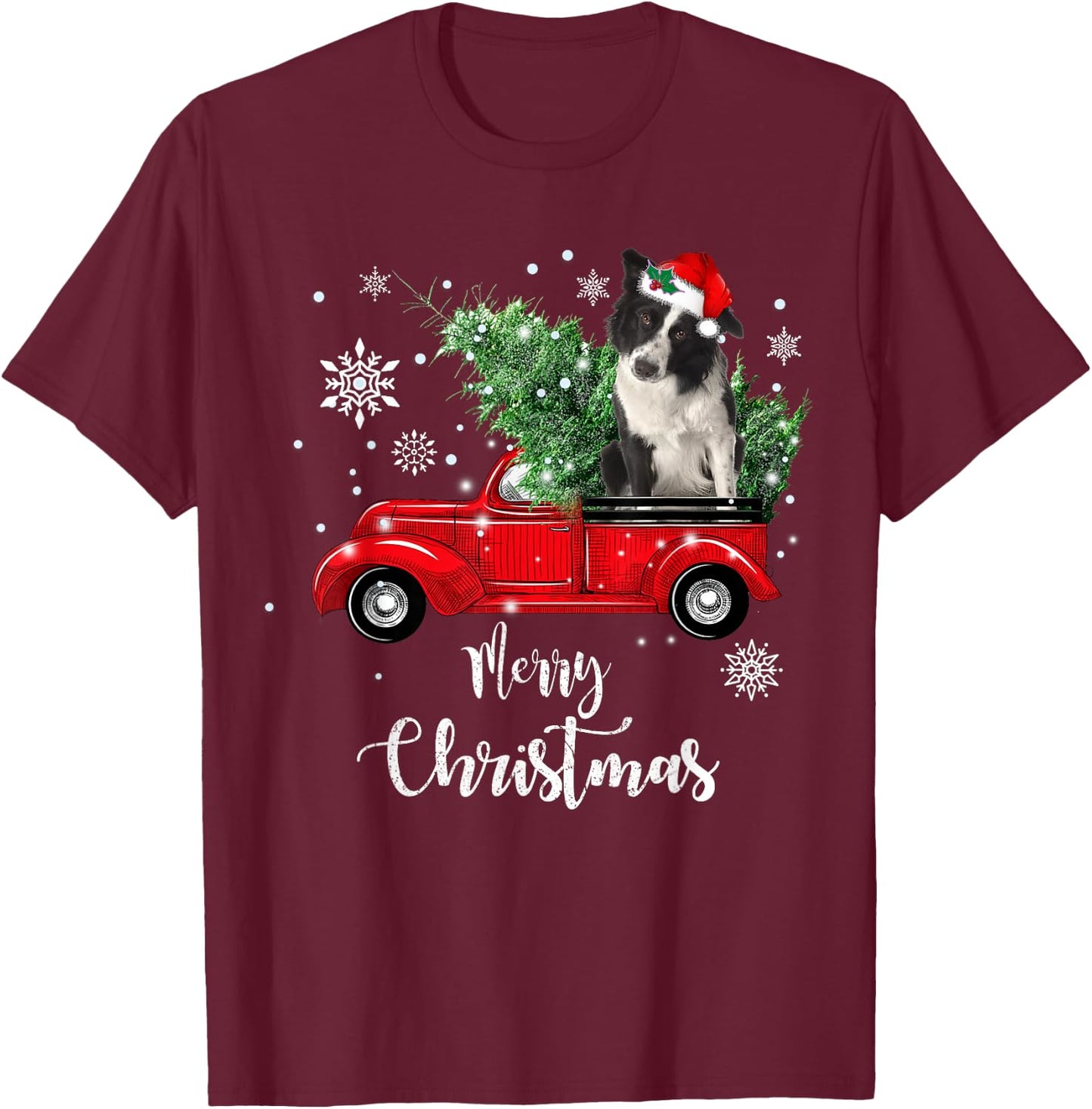 Red Truck Merry Christmas Tree Border Collie Dog Christmas T-Shirt - T-Shirt | Maroon