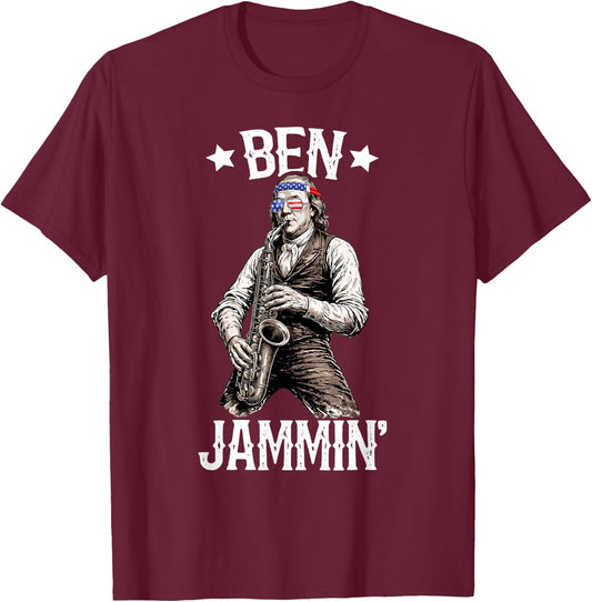 Benjamin Franklin Playing Saxophone Ben Jammin' Design T-Shirt - T-Shirt | Maroon