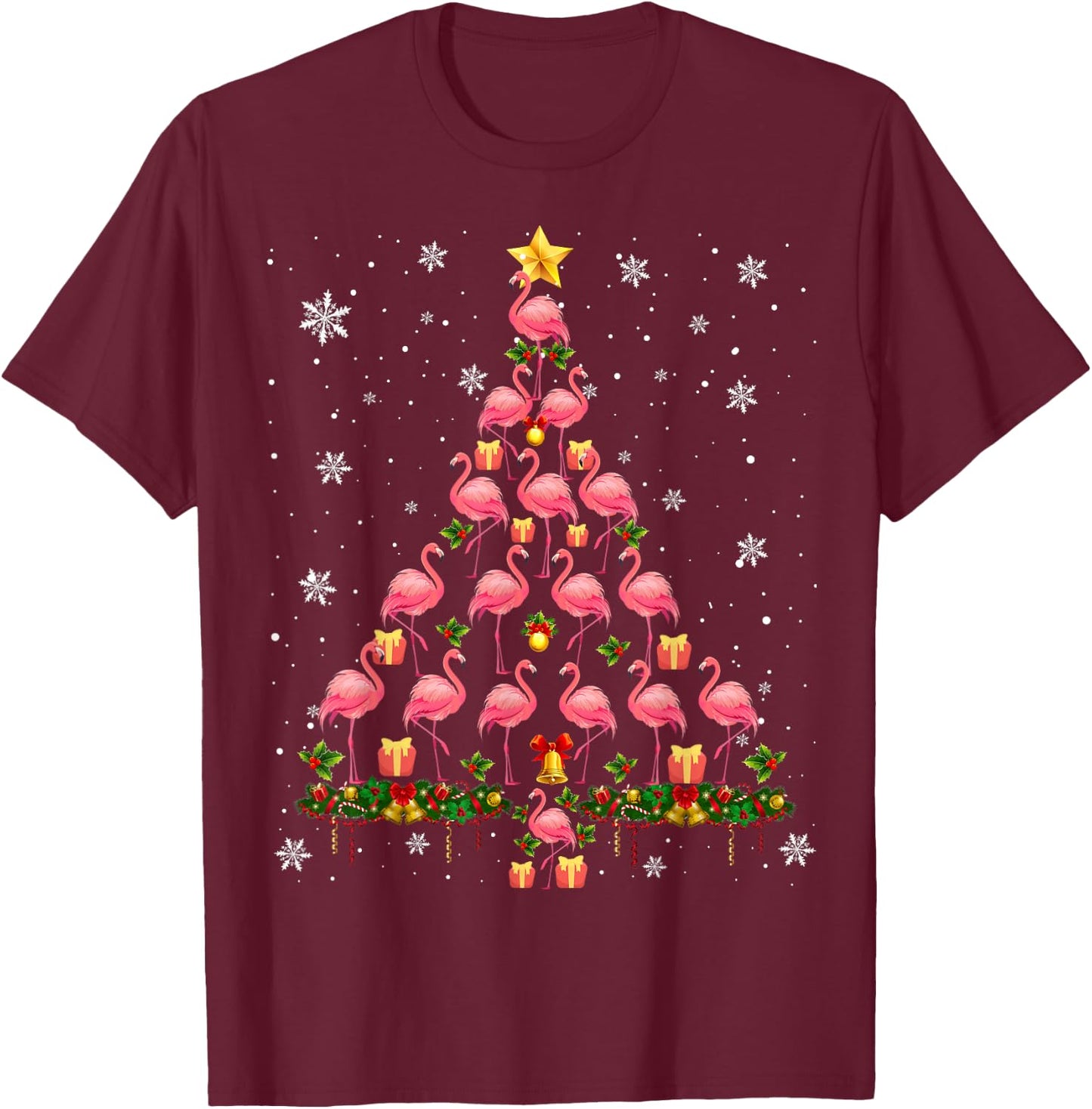 Pink Flamingo Christmas Tree Funny Animal Lover T-Shirt - T-Shirt | Maroon