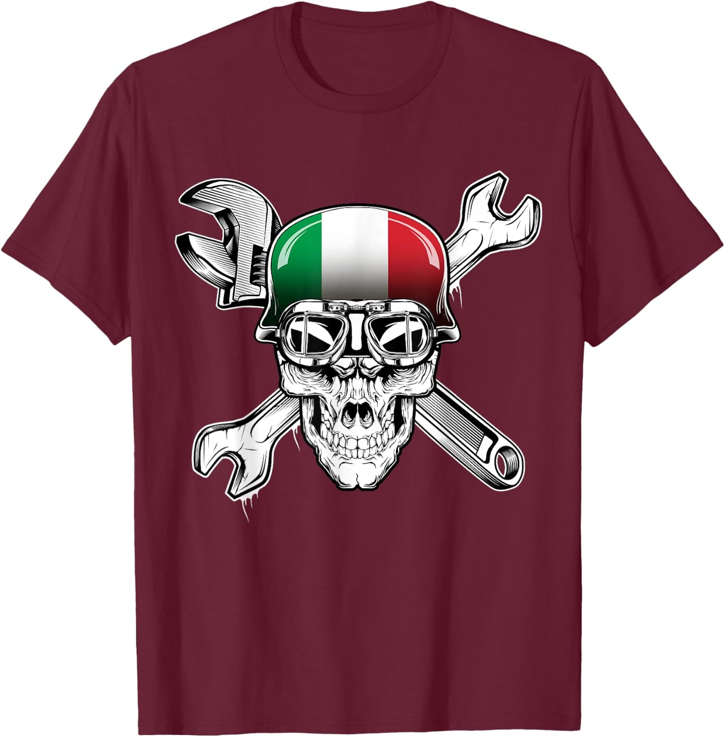 Italian Biker Skull Motorcycle Flag Italy T-Shirt - T-Shirt | Maroon