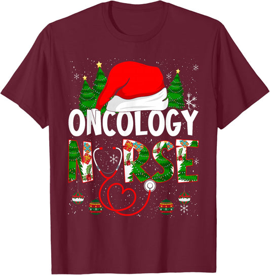 Merry Christmas Oncology Nurse RN Oncologist Nursing T-Shirt - T-Shirt | Maroon