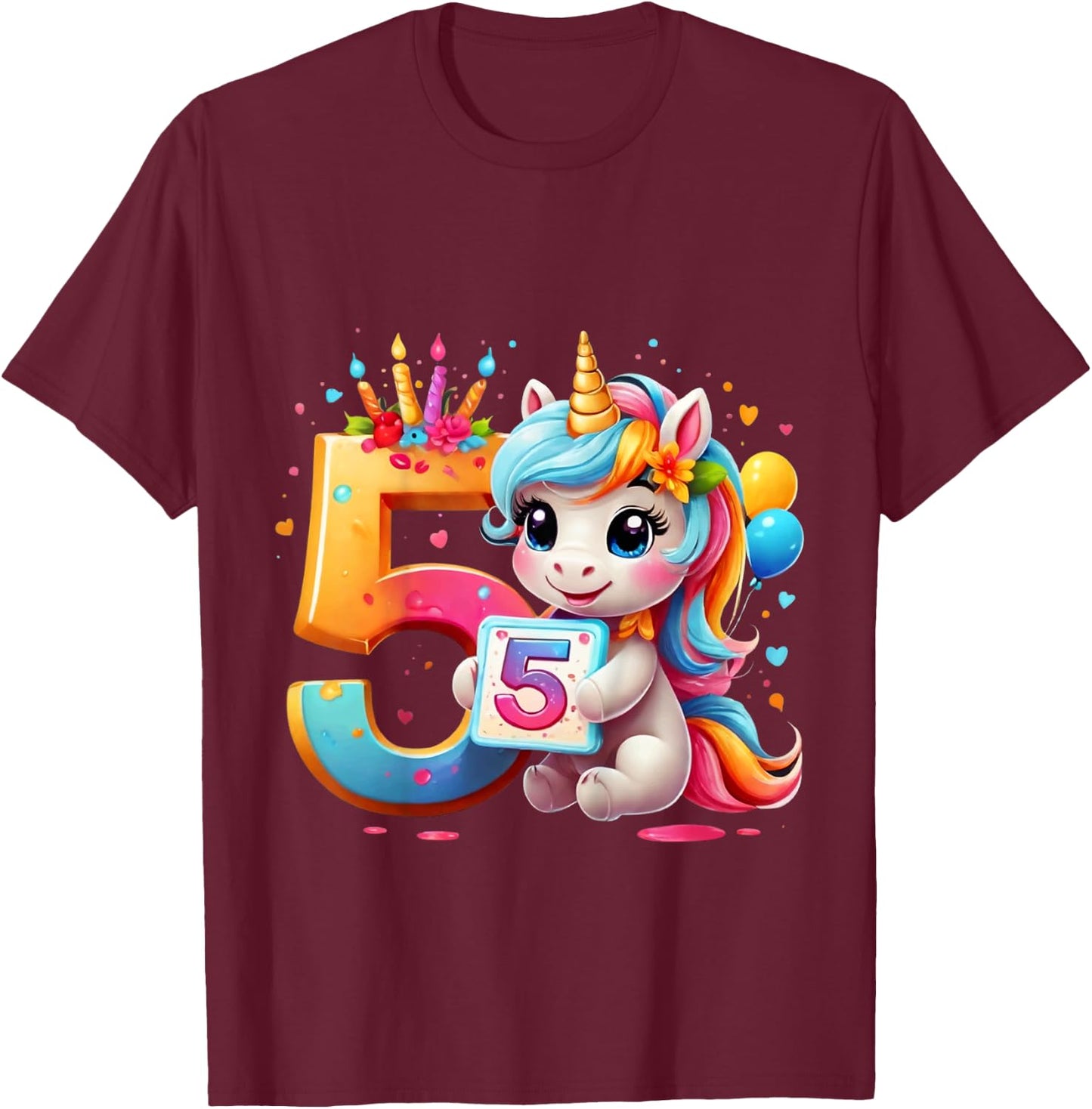 Children's Number 5 Years Girls Unicorn 5th Birthday , black T-Shirt - T-Shirt | Maroon