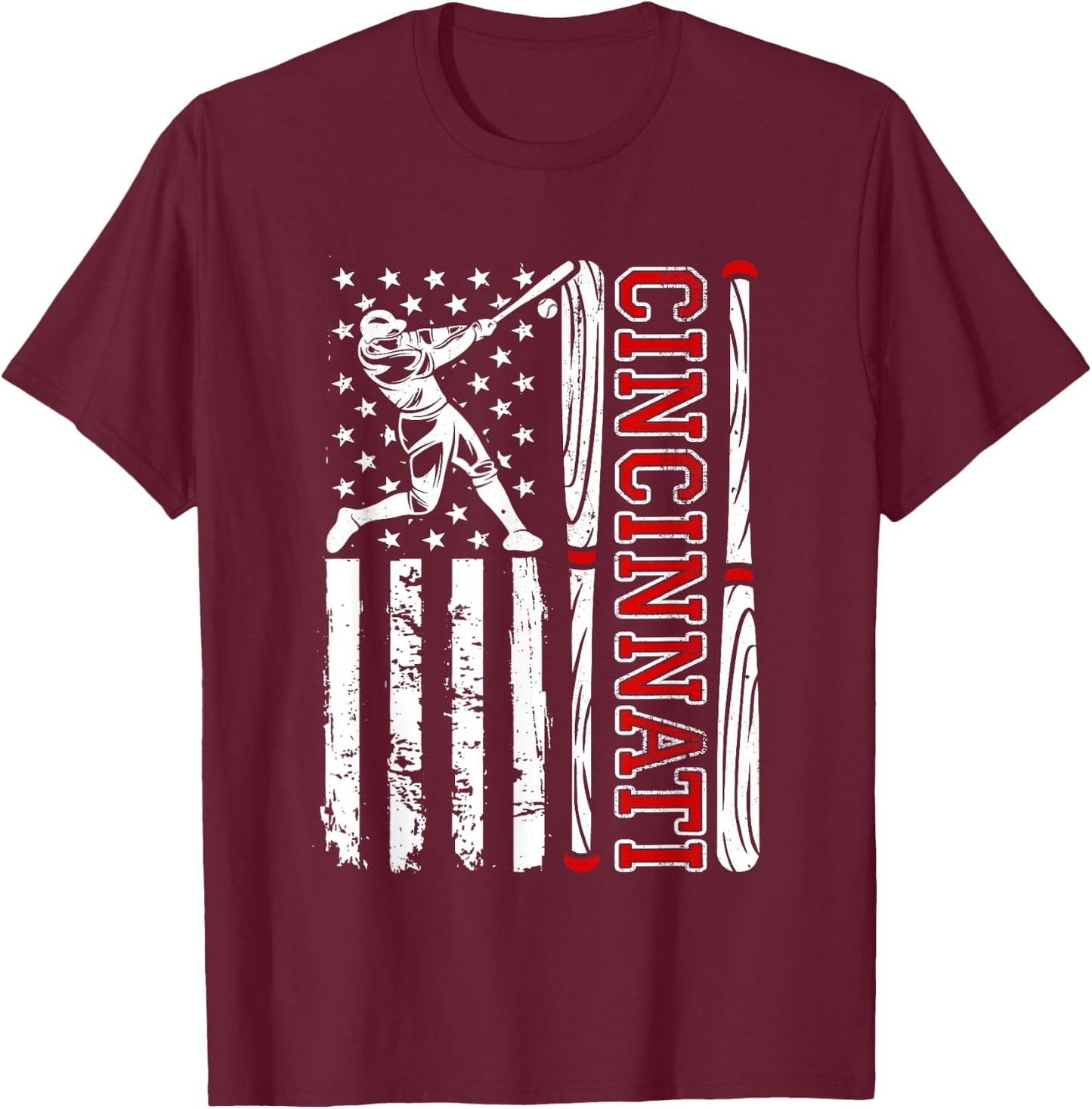 American Flag Vintage Cincinnati Baseball Lover Men Women T-Shirt - T-Shirt | Maroon