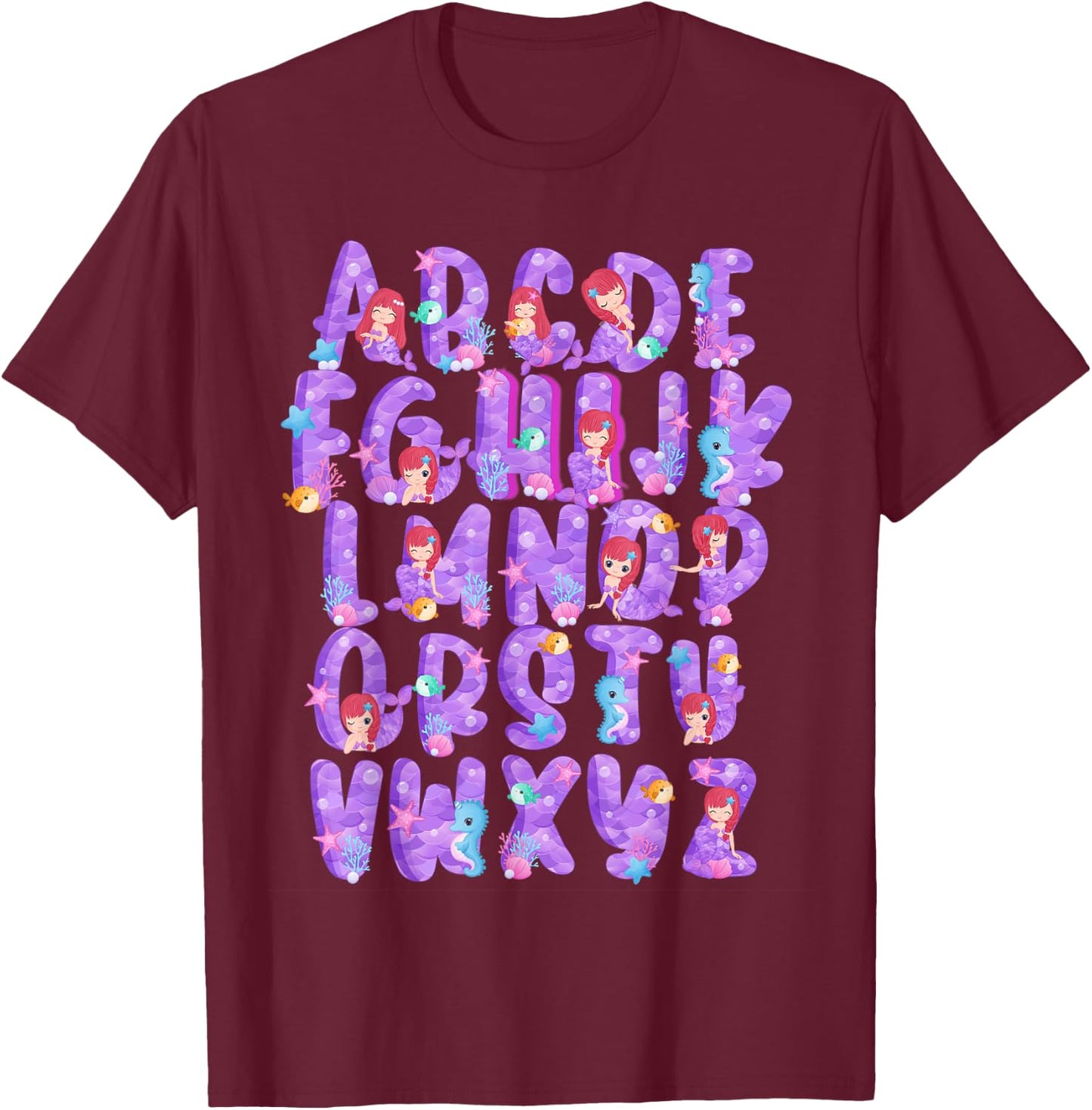 Mermaid Alphabet Hi Preschool PreK Kindergarten Kid Teacher T-Shirt - T-Shirt | Maroon