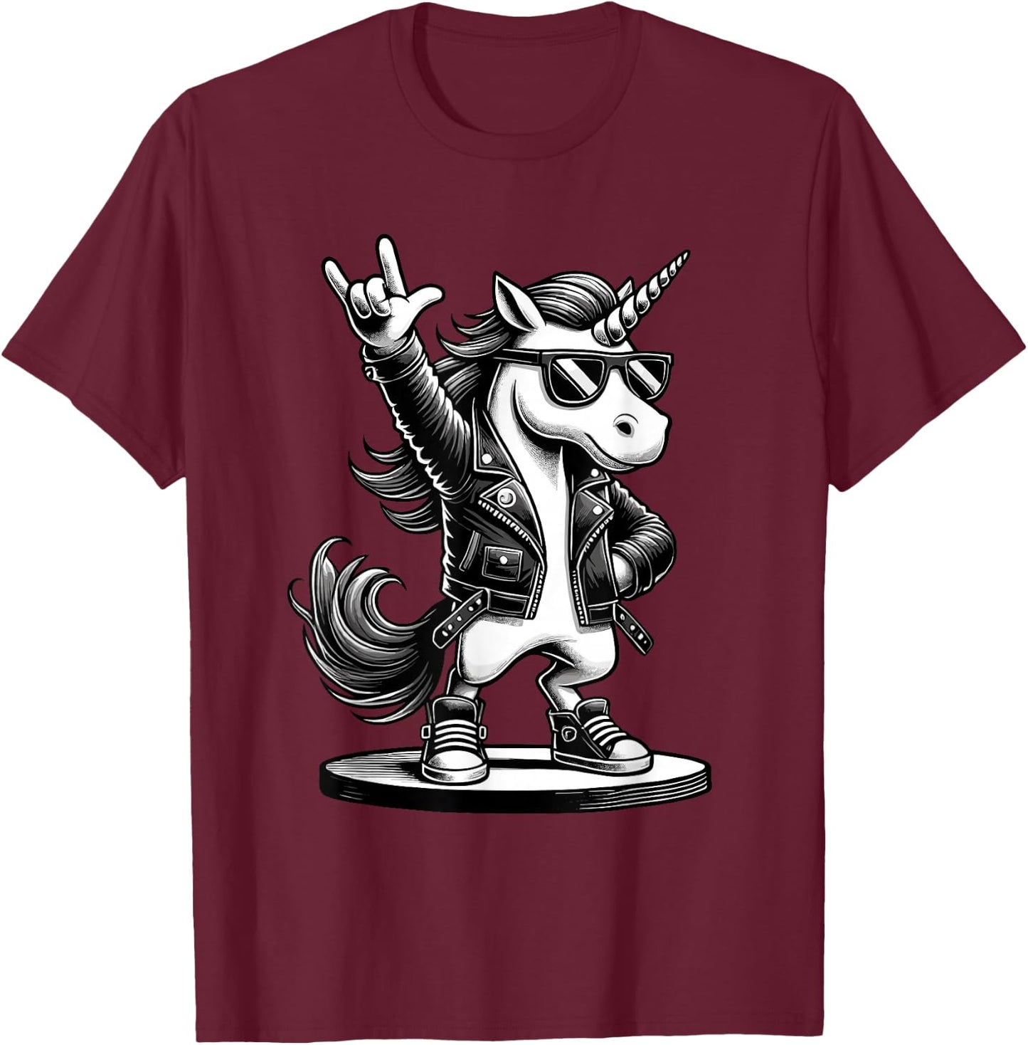 Rock Music & Heavy Metal, Rocker, Funny Unicorn, Rock Hand T-Shirt - T-Shirt | Maroon