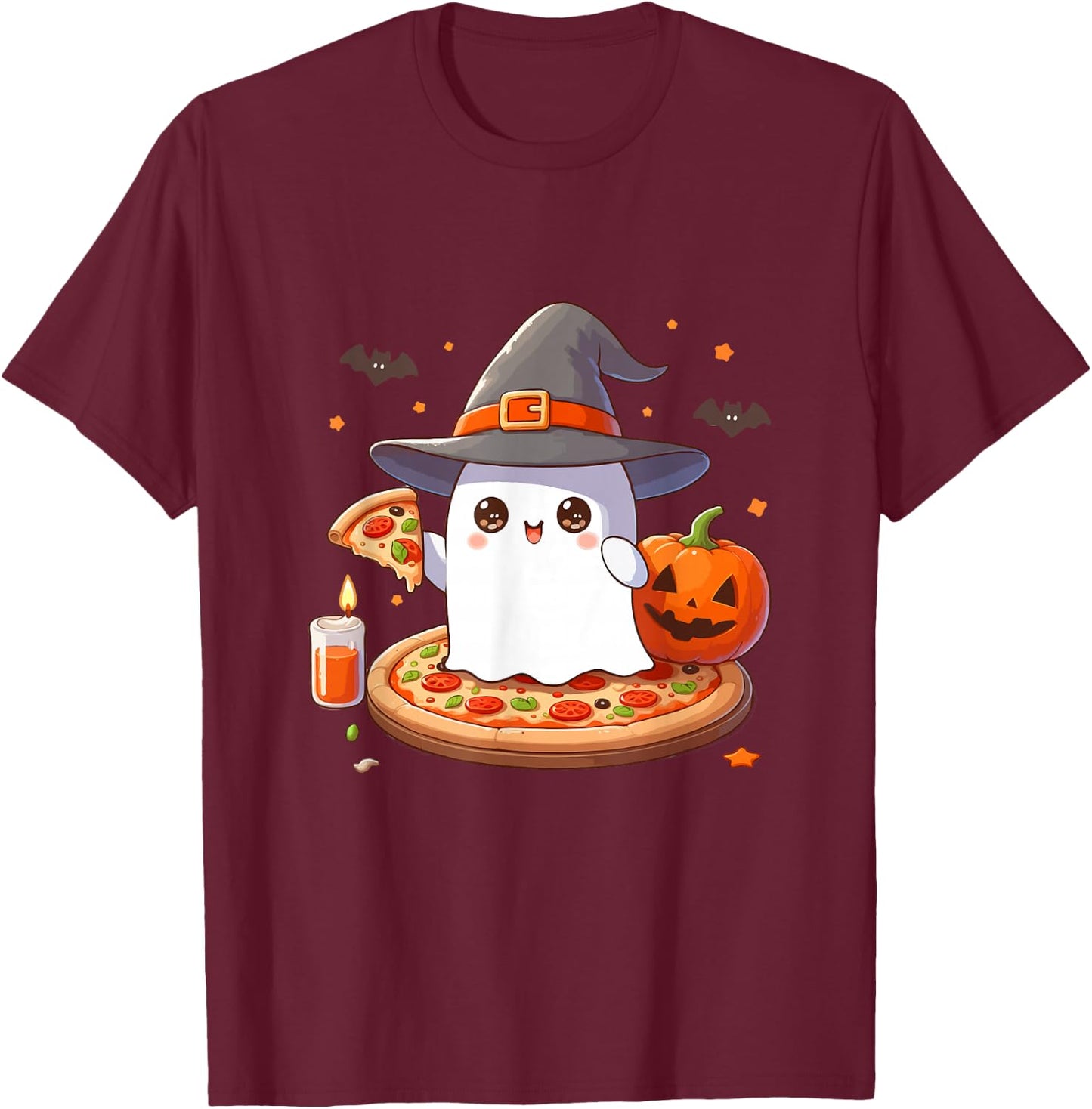 Halloween Cute Ghost Eating Pizza, Cute Ghost Pumpkin Pizza T-Shirt - T-Shirt | Maroon