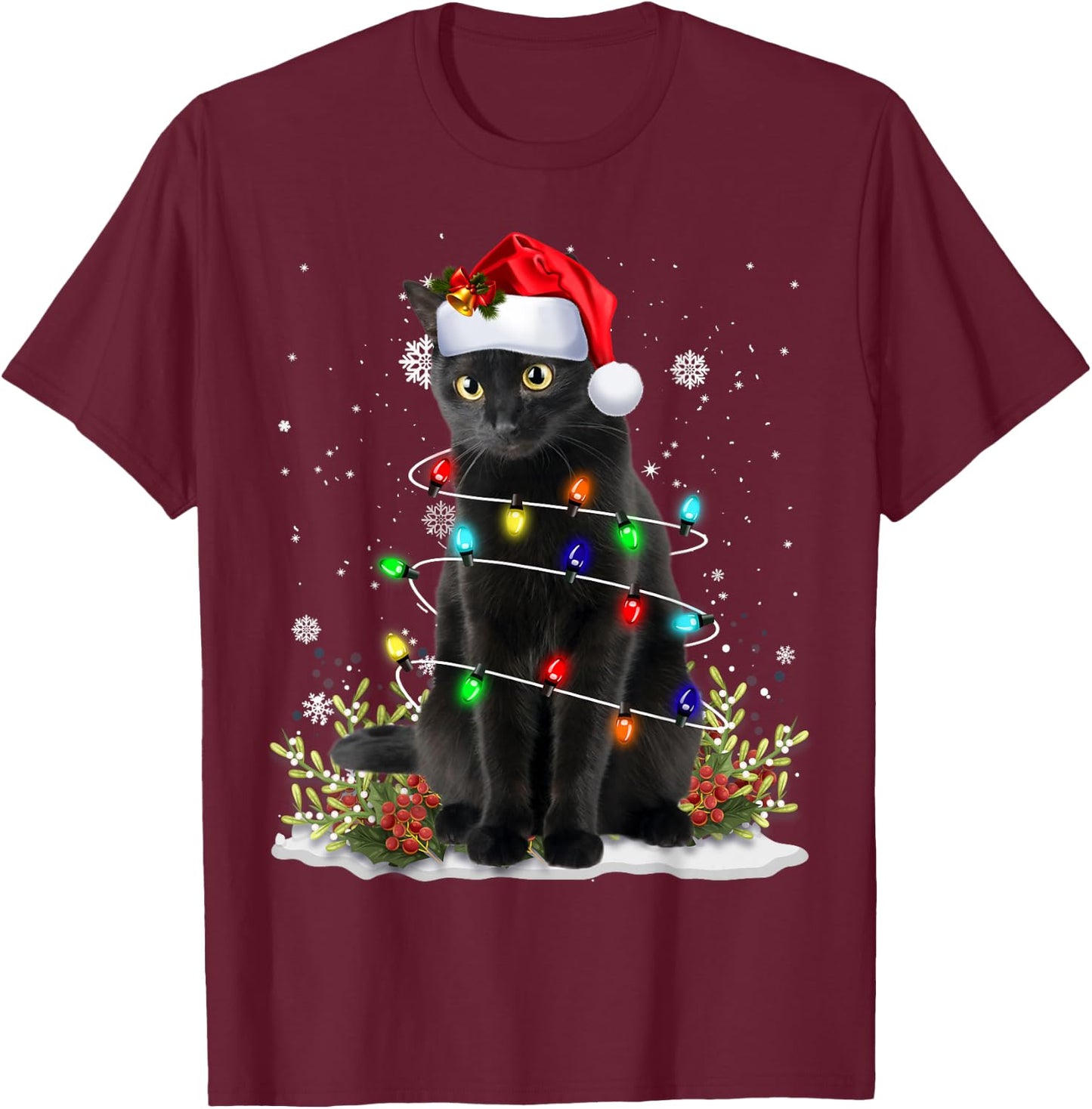 Black Cat Christmas Santa Hat Funny Meowy Cats Women Men T-Shirt - T-Shirt | Maroon