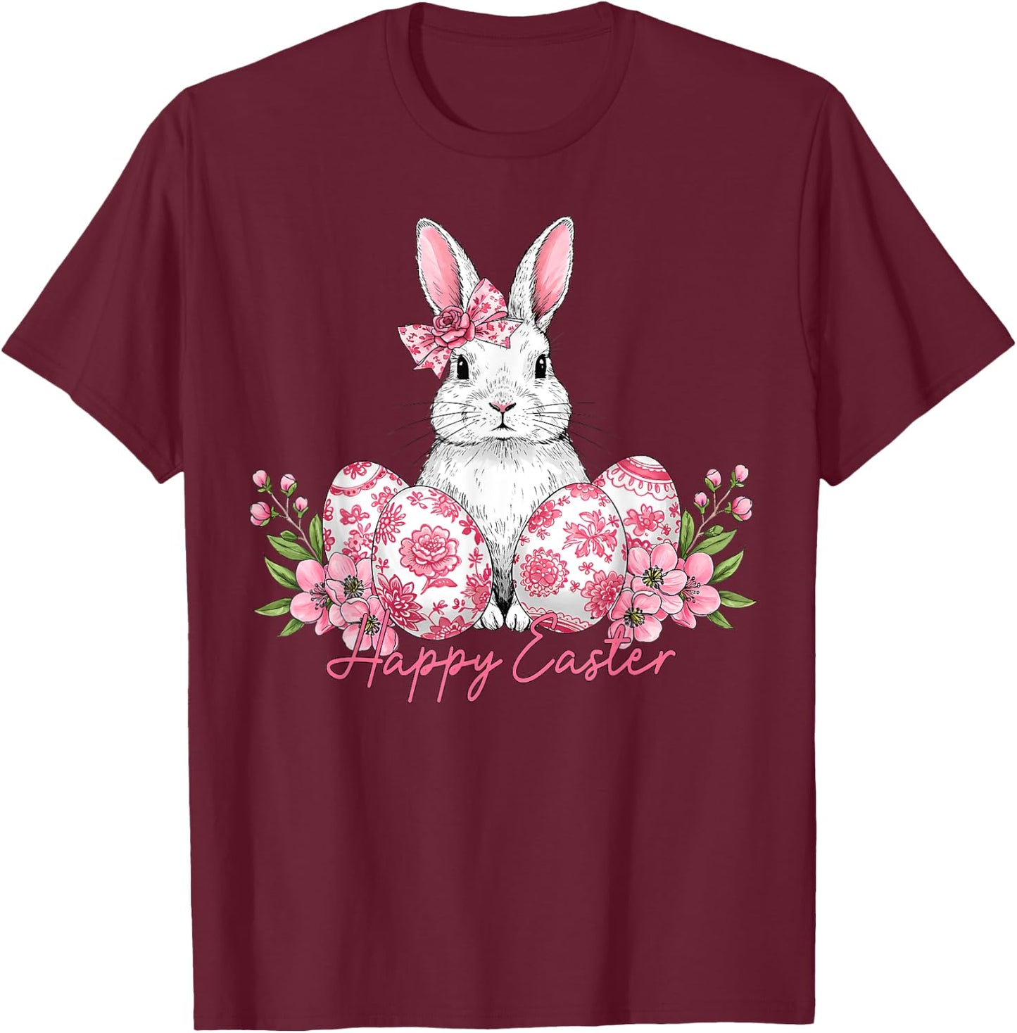 Happy Easter Chinoiserie Eggs Florals Bunny Coquette Bow T-Shirt - T-Shirt | Maroon