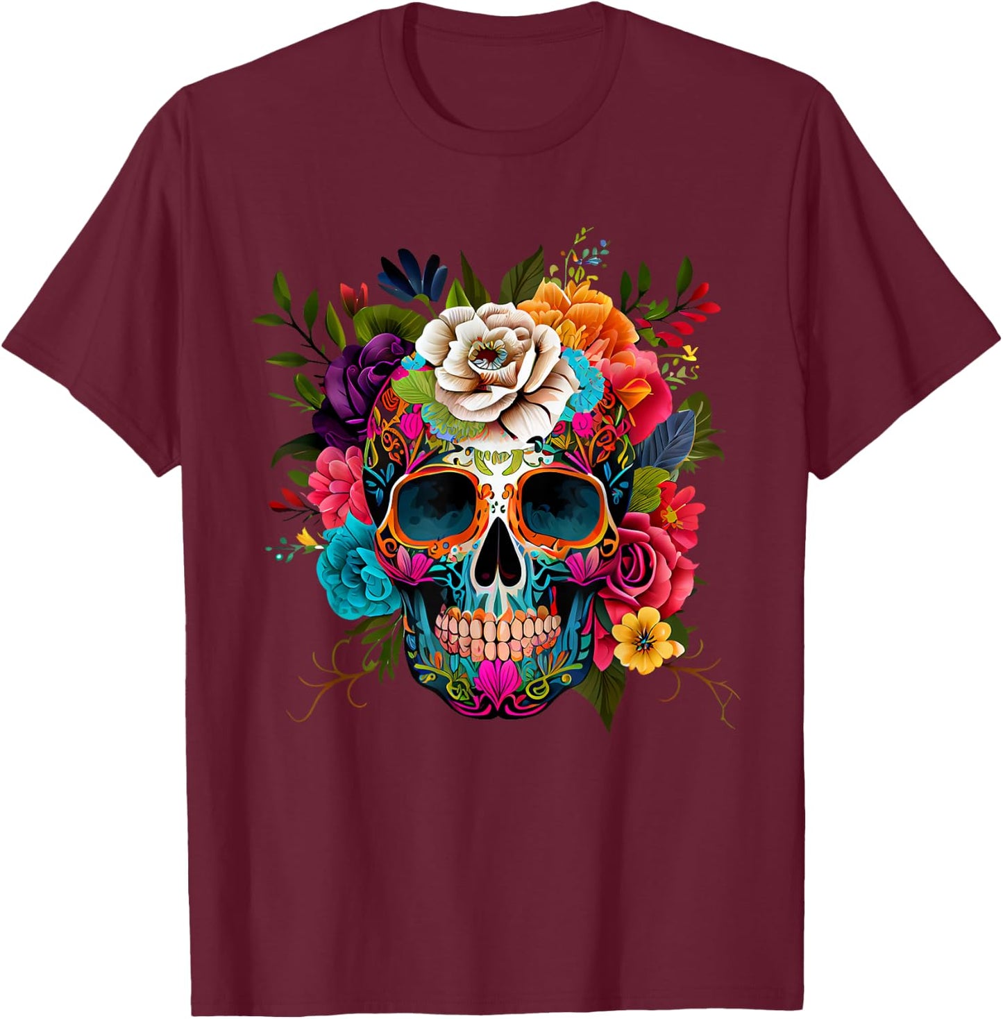 Dia De Los Muertos Deko Mexikanischer Kopf Sugar Skull T-Shirt - T-Shirt | Maroon