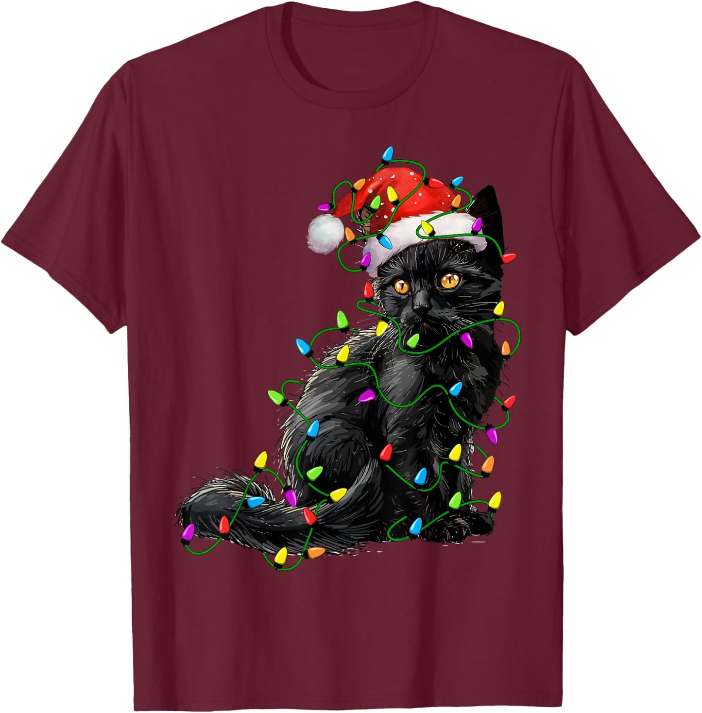Black Cat Santa Christmas Tree Lighting Xmas Funny T-Shirt - T-Shirt | Maroon