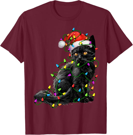 Black Cat Santa Christmas Tree Lighting Xmas Funny T-Shirt - T-Shirt | Maroon